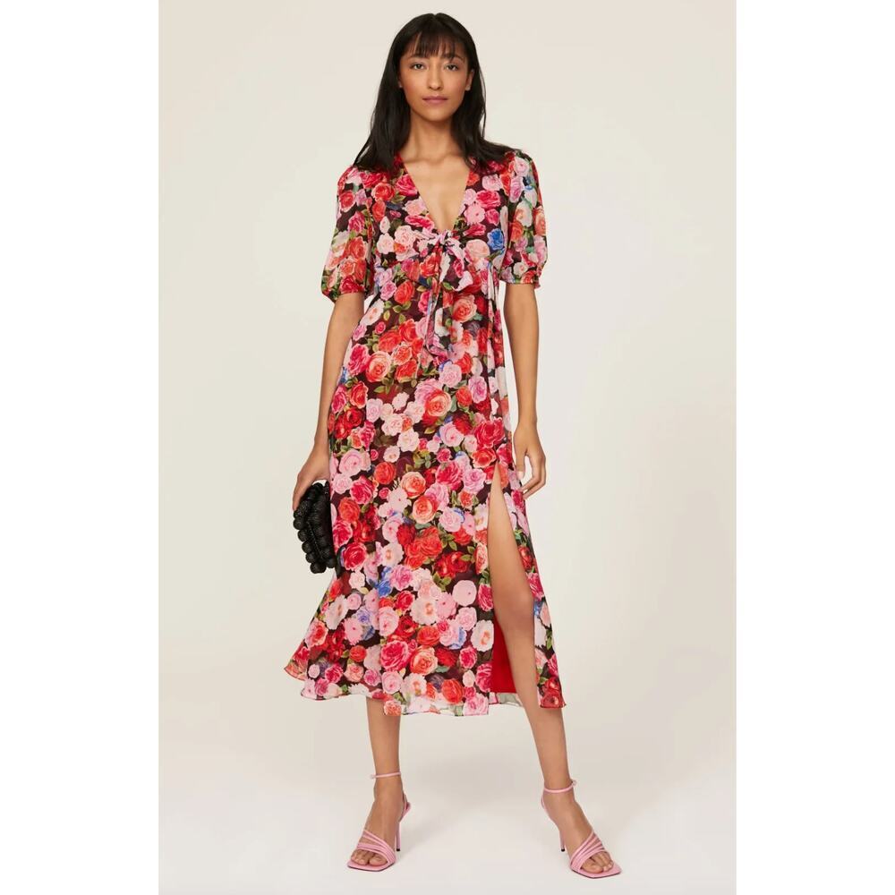 Ieena for Mac Duggal Red Floral Puff Sleeve Dress Size 4